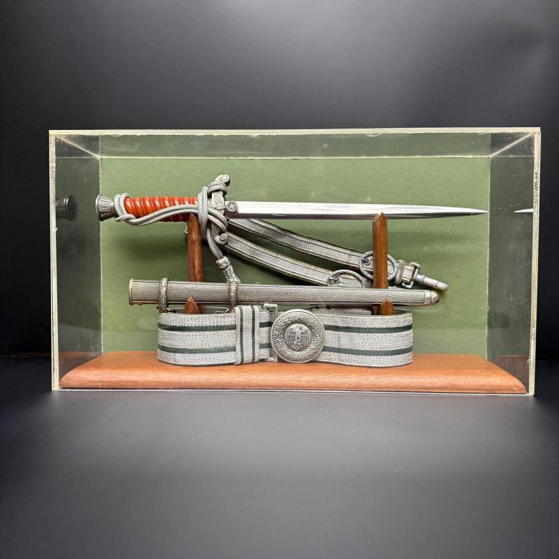 Early Army Officers Dagger with Knot and Army Officers Dress Belt in Display Case